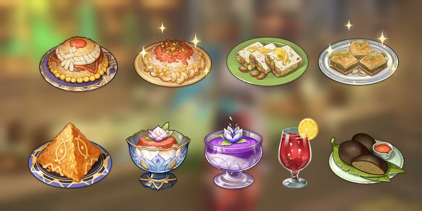 Arte com várias comidas de Genshin Impact